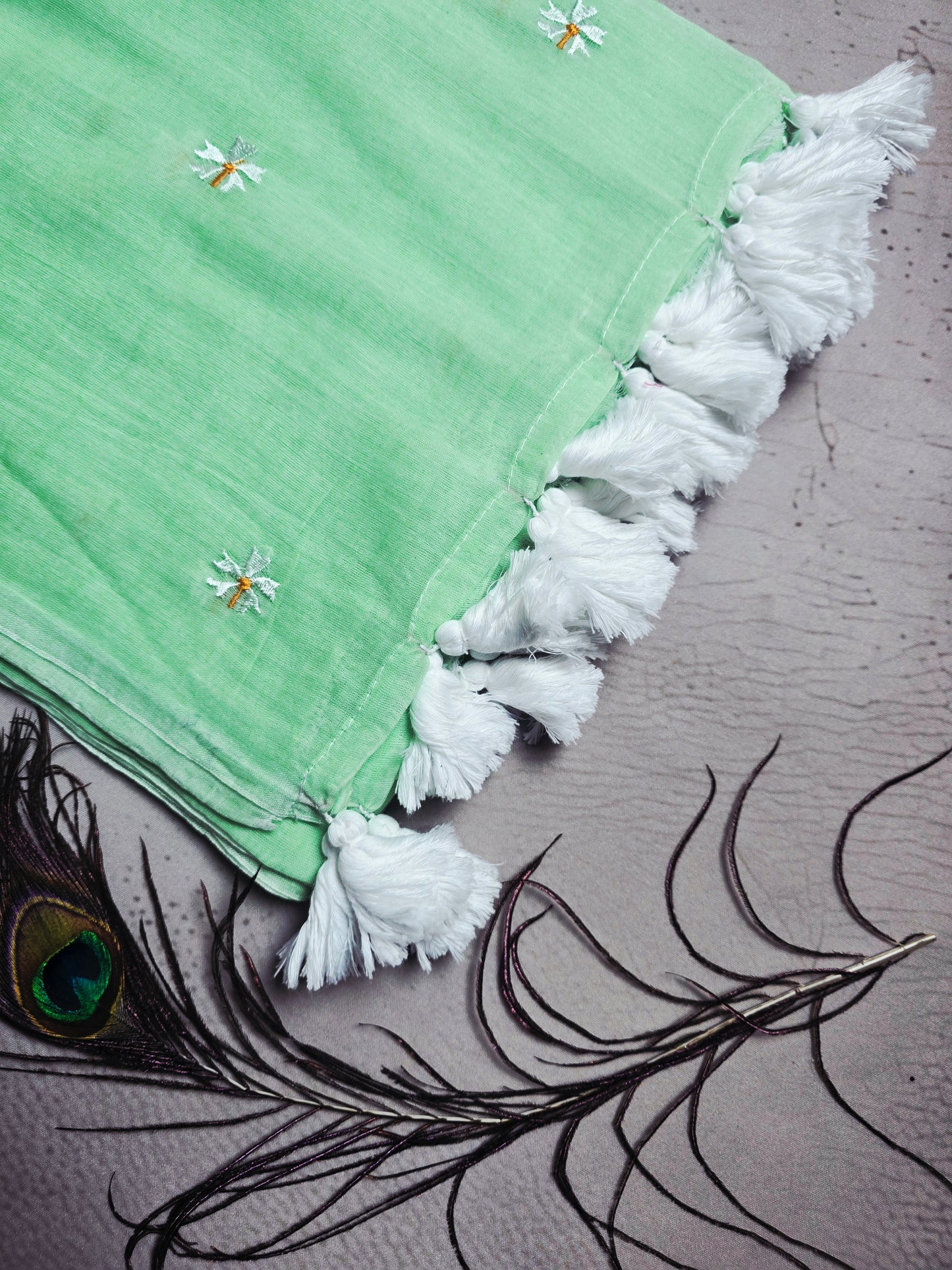Mint Green Mul Cotton Saree with Daisy Embroidery & Handcrafted White Tassels