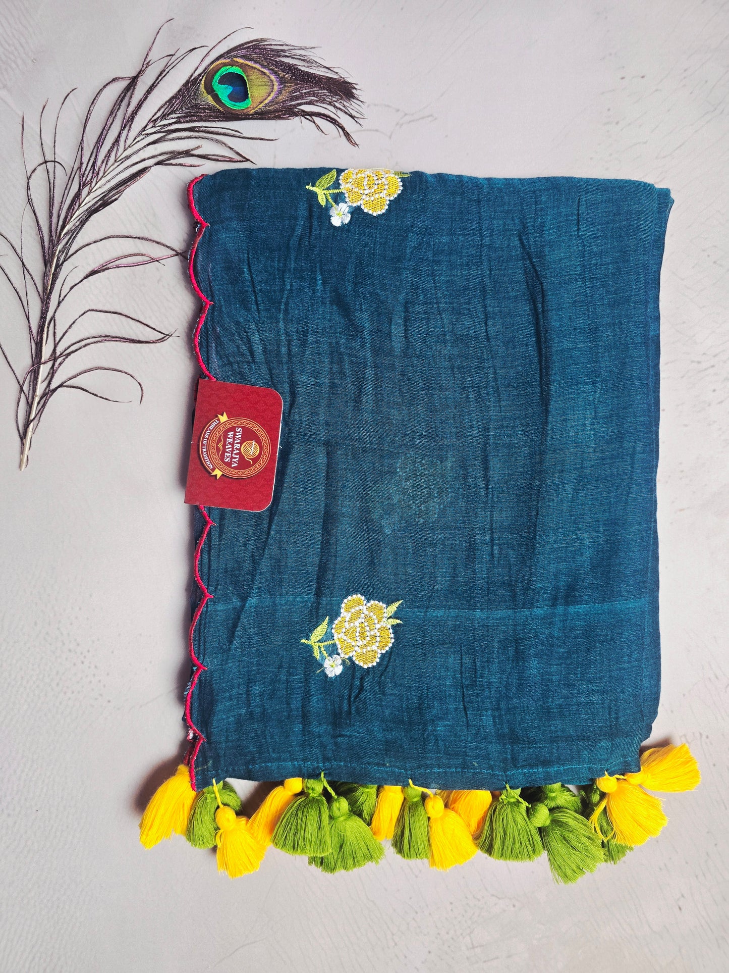 Deep Teal Embroidered Rose Mul Cotton Saree with Dual Tone Tassels