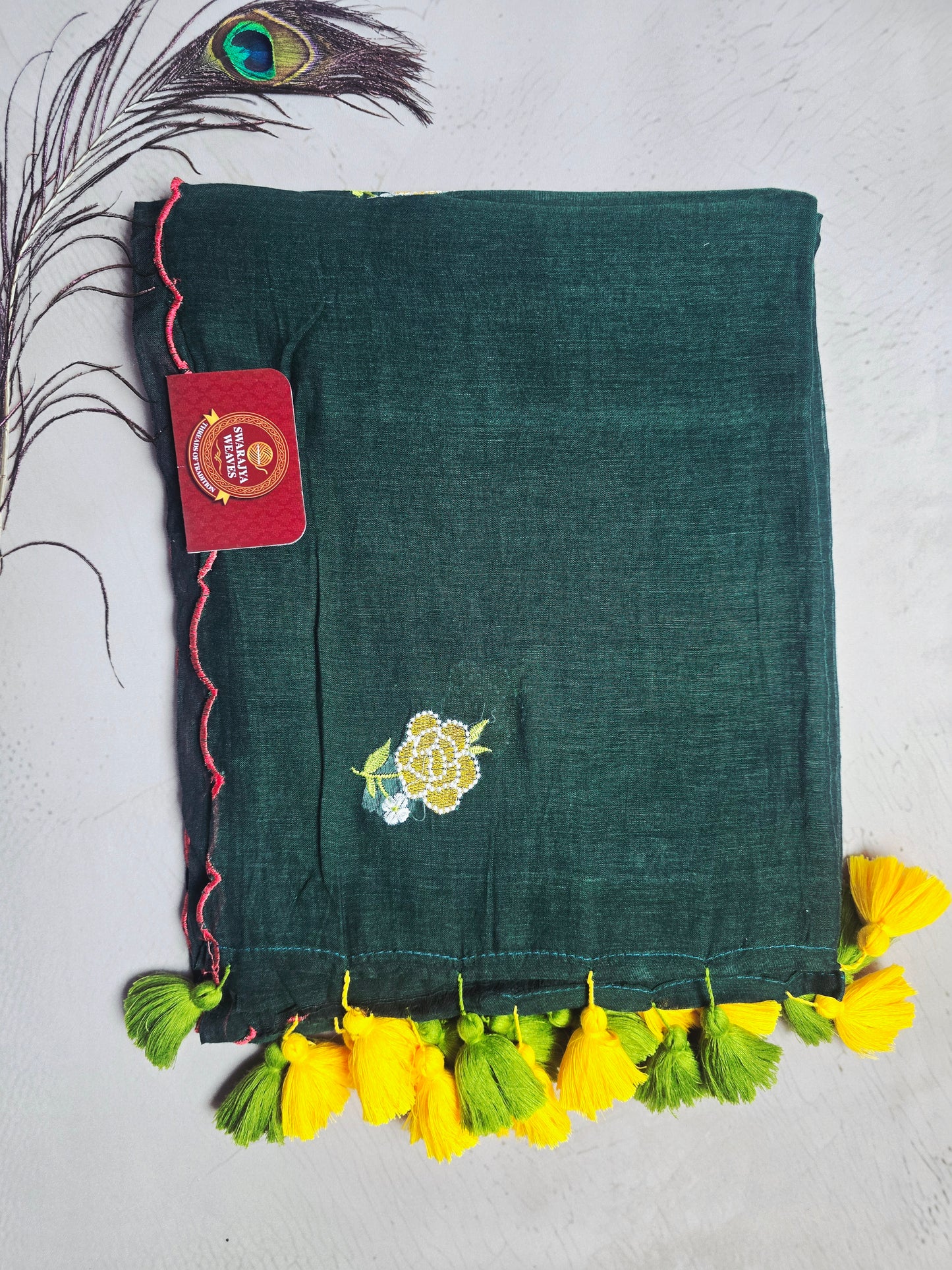 Deep Forest Green Embroidered Golden Rose Mul Cotton Saree with Dual Tone Tassels