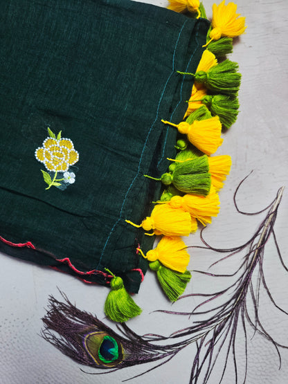 Forest Green Embroidered Rose Mul Cotton Saree with Dual Tone Tassels