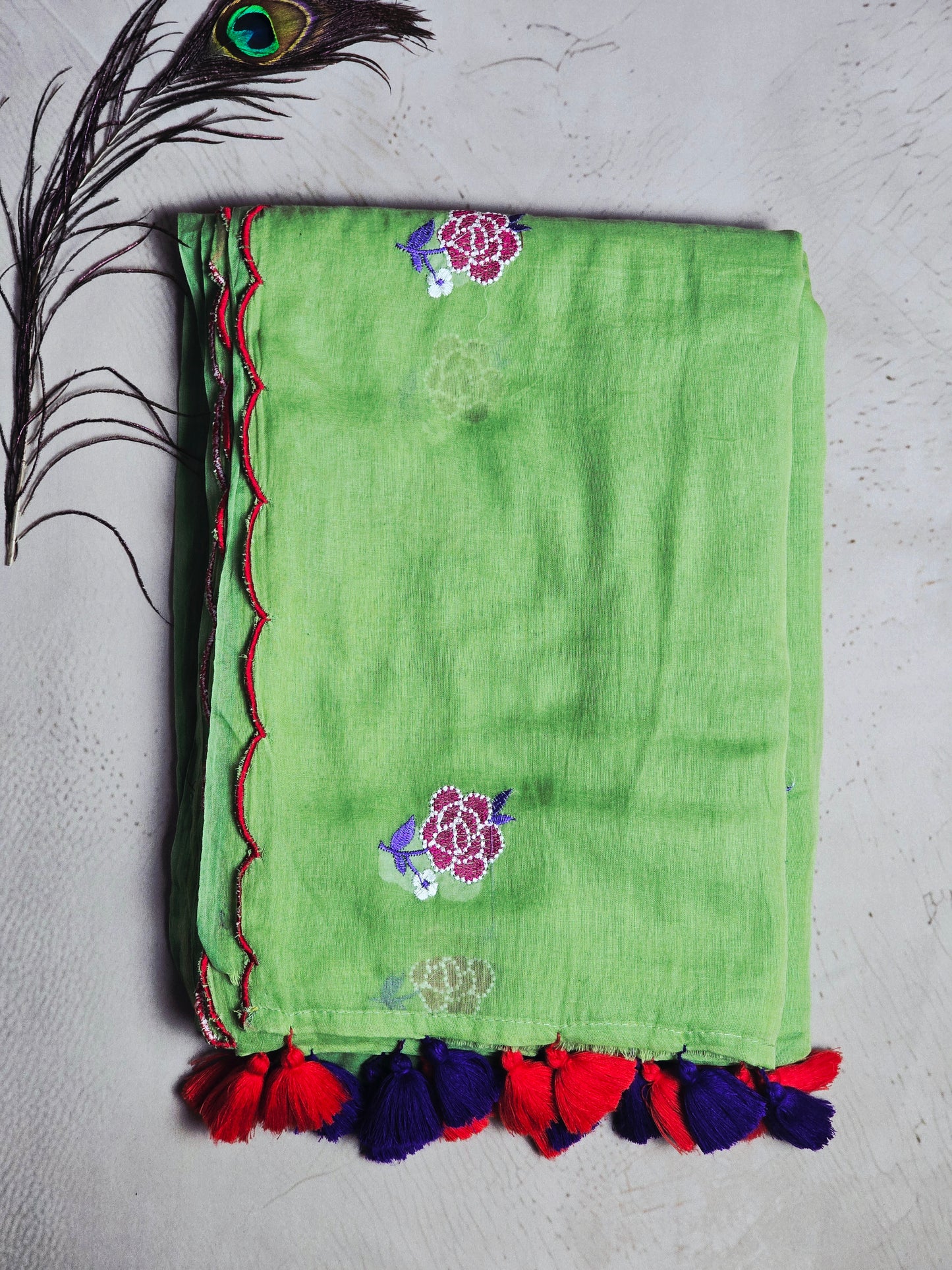 Pistachio Green Mul Cotton Saree with Rose Embroidery & Dual Tone Tassels