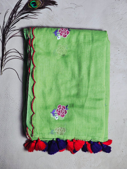 Pistachio Green Mul Cotton Saree with Rose Embroidery & Dual Tone Tassels