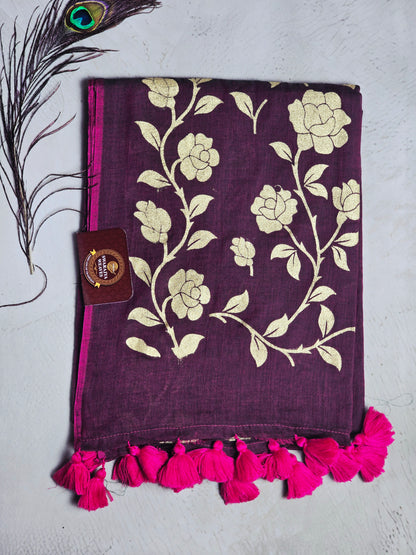 Wine Mul Cotton Saree with Golden Floral Print & Fuchsia Handcrafted Tassels
