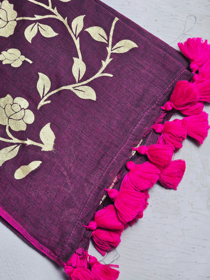 Wine Mul Cotton Saree with Golden Floral Print & Fuchsia Handcrafted Tassels
