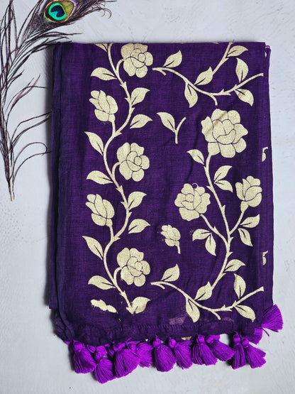 Deep Purple Mul Cotton Saree with Golden Floral Print & Handcrafted Purple Tassels
