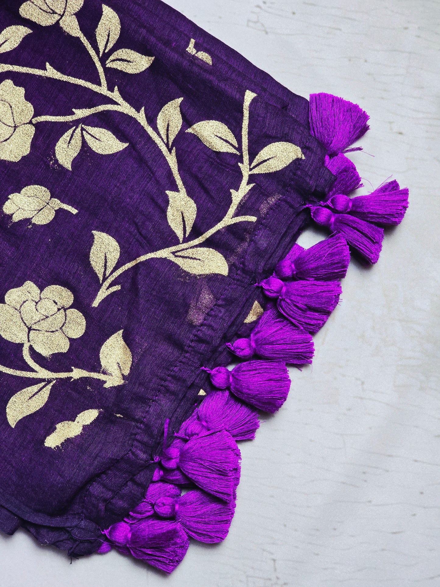 Deep Purple Mul Cotton Saree with Golden Floral Print & Handcrafted Purple Tassels