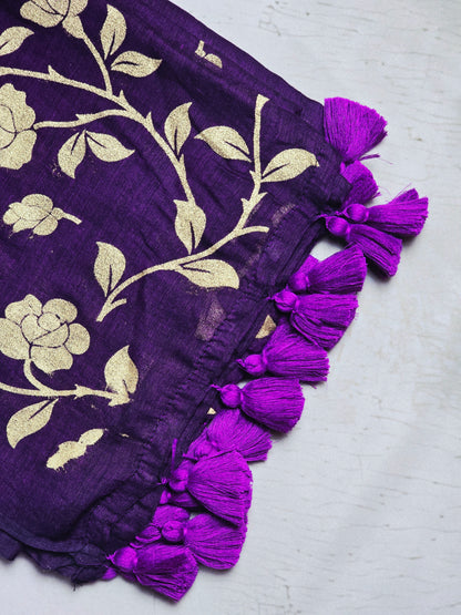Deep Purple Mul Cotton Saree with Golden Floral Print & Handcrafted Purple Tassels