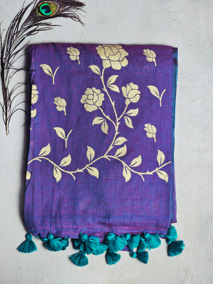 Royal Purple Mul Cotton Saree with Golden Floral Print & Teal Tassels