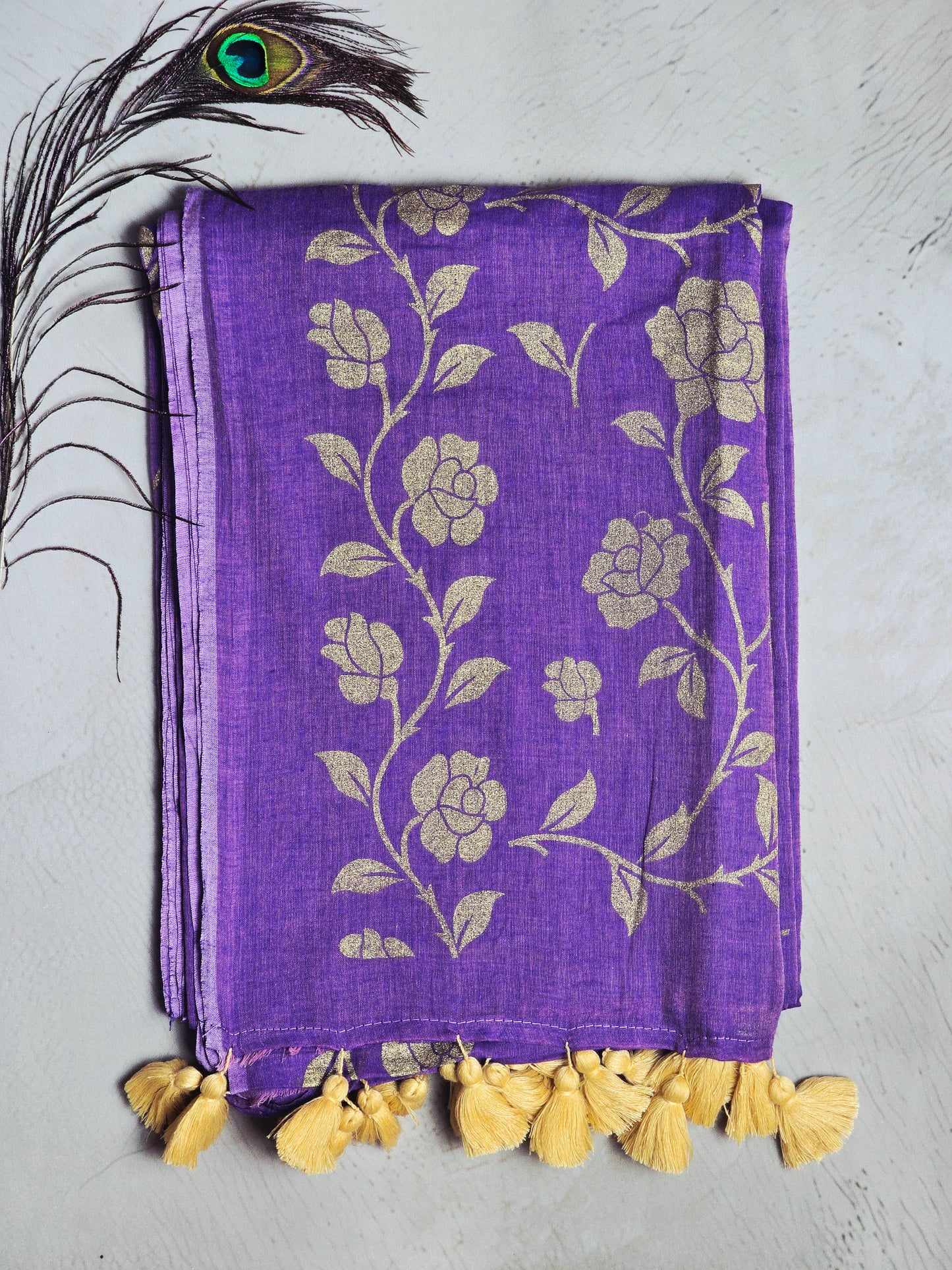 Lavender Mul Cotton Saree with Golden Floral Print & Cream Handcrafted Tassels
