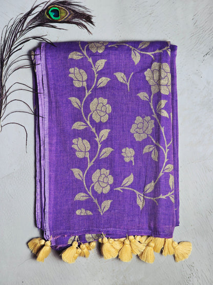 Lavender Mul Cotton Saree with Golden Floral Print & Cream Handcrafted Tassels
