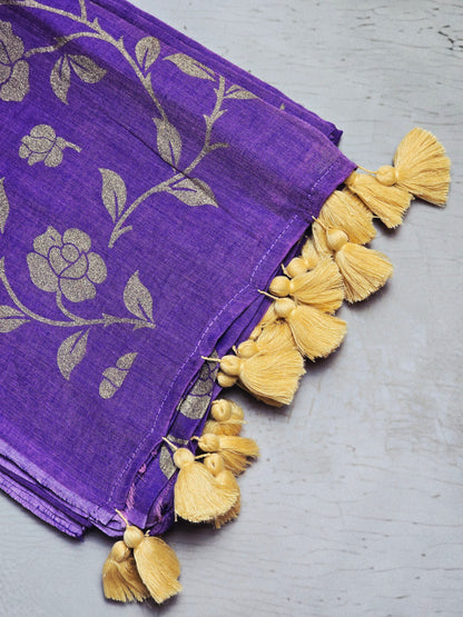 Lavender Mul Cotton Saree with Golden Floral Print & Cream Handcrafted Tassels