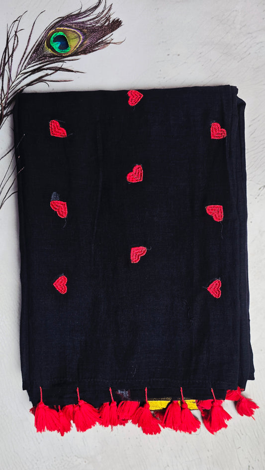 Black Mul Cotton Saree with Red Heart Embroidery & Tassel Border