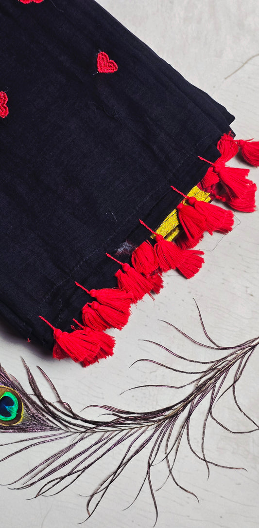 Black Mul Cotton Saree with Red Heart Embroidery & Tassel Border