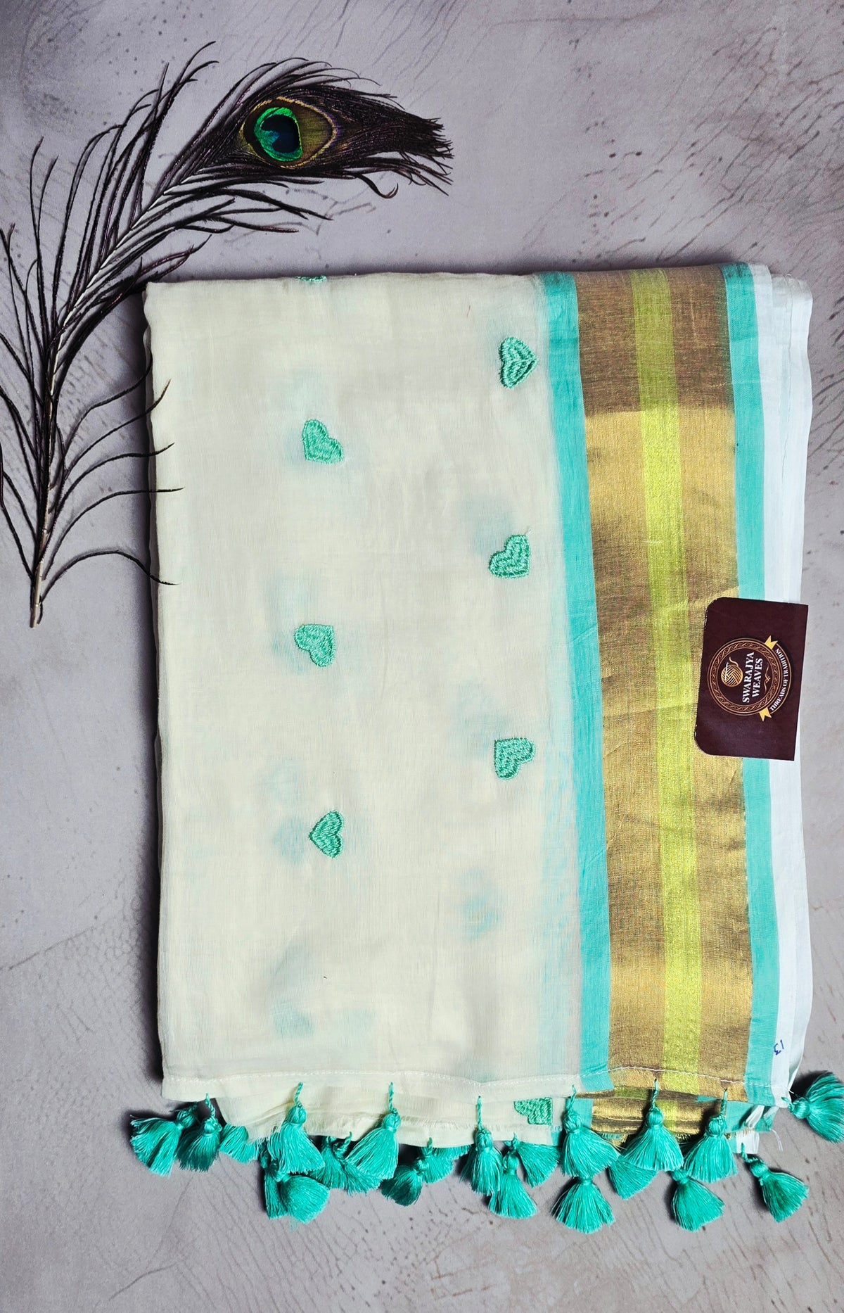Ivory Mul Cotton Saree with Aqua Heart Embroidery & Golden Border