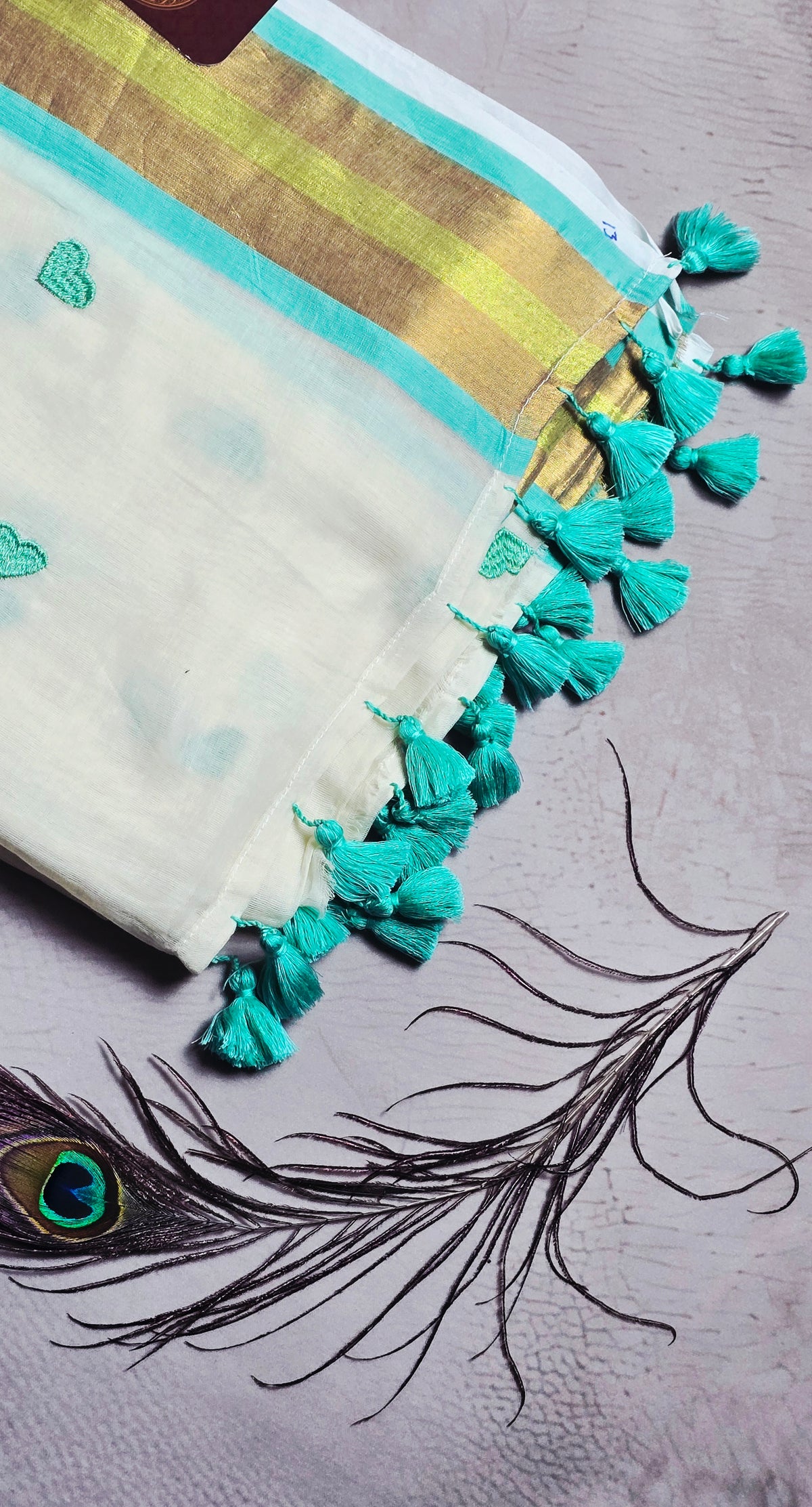 Ivory Mul Cotton Saree with Aqua Heart Embroidery & Golden Border