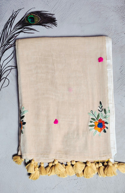 Beige Mul Cotton Saree with Multicolour Floral Embroidery & Mustard Tassel Border