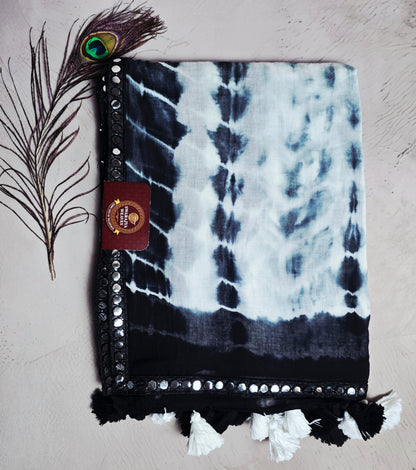 Indigo Blue & White Mul Cotton Saree with Mirror Work Border & Black-White Tassels