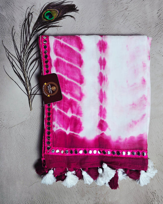 White & Magenta Mul Cotton Saree with Mirror Work Border & Tassels