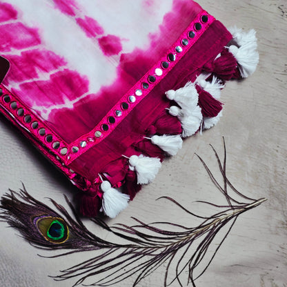White & Magenta Mul Cotton Saree with Mirror Work Border & Tassels