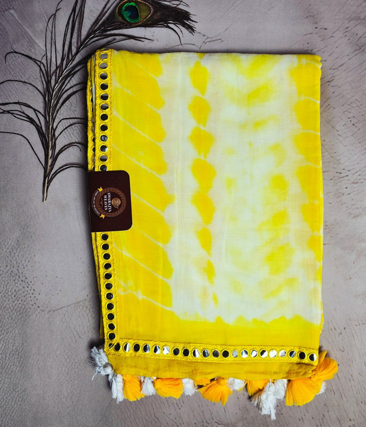 Yellow Mul Cotton Saree with Mirror Work Border & White-Yellow Tassels
