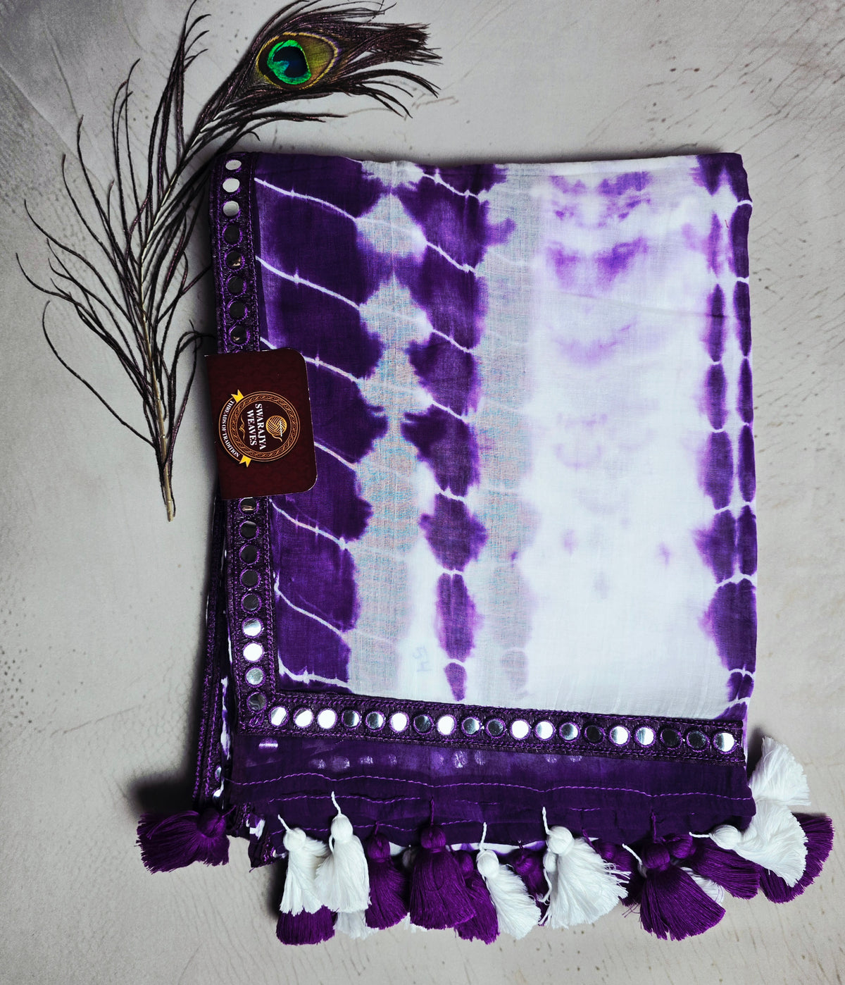 Purple & White Mul Cotton Saree with Mirror Work Border & Tassels