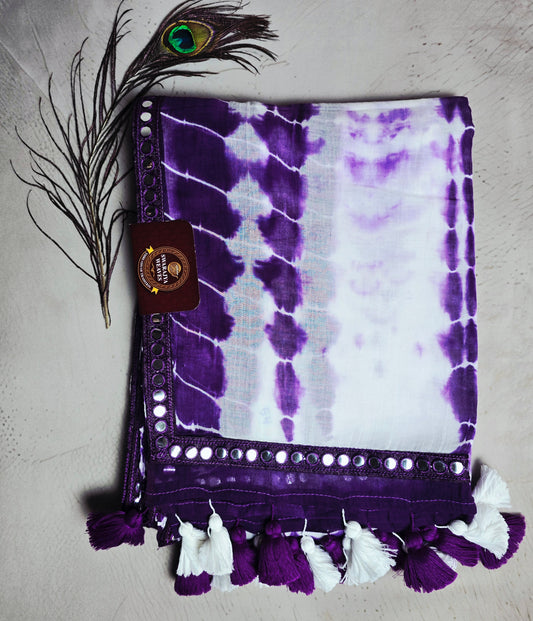 Purple & White Mul Cotton Saree with Mirror Work Border & Tassels
