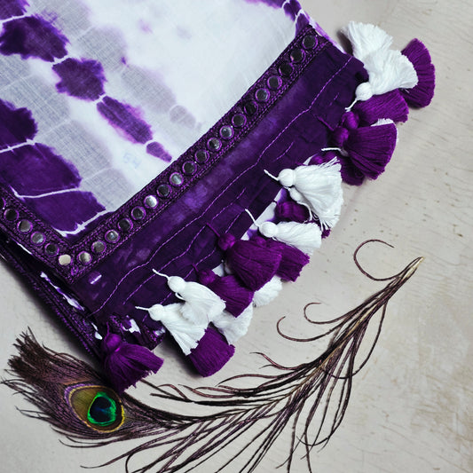 Purple & White Mul Cotton Saree with Mirror Work Border & Tassels