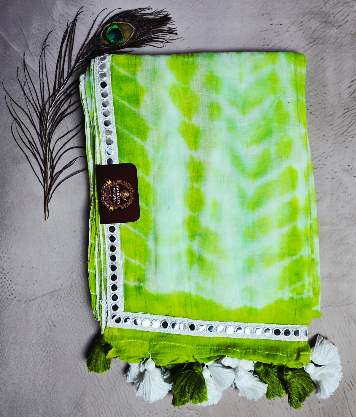 Lime Green Mul Cotton Saree with White Mirror Work Border & Green-White Tassels