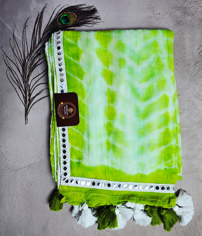 Lime Green Mul Cotton Saree with White Mirror Work Border & Green-White Tassels