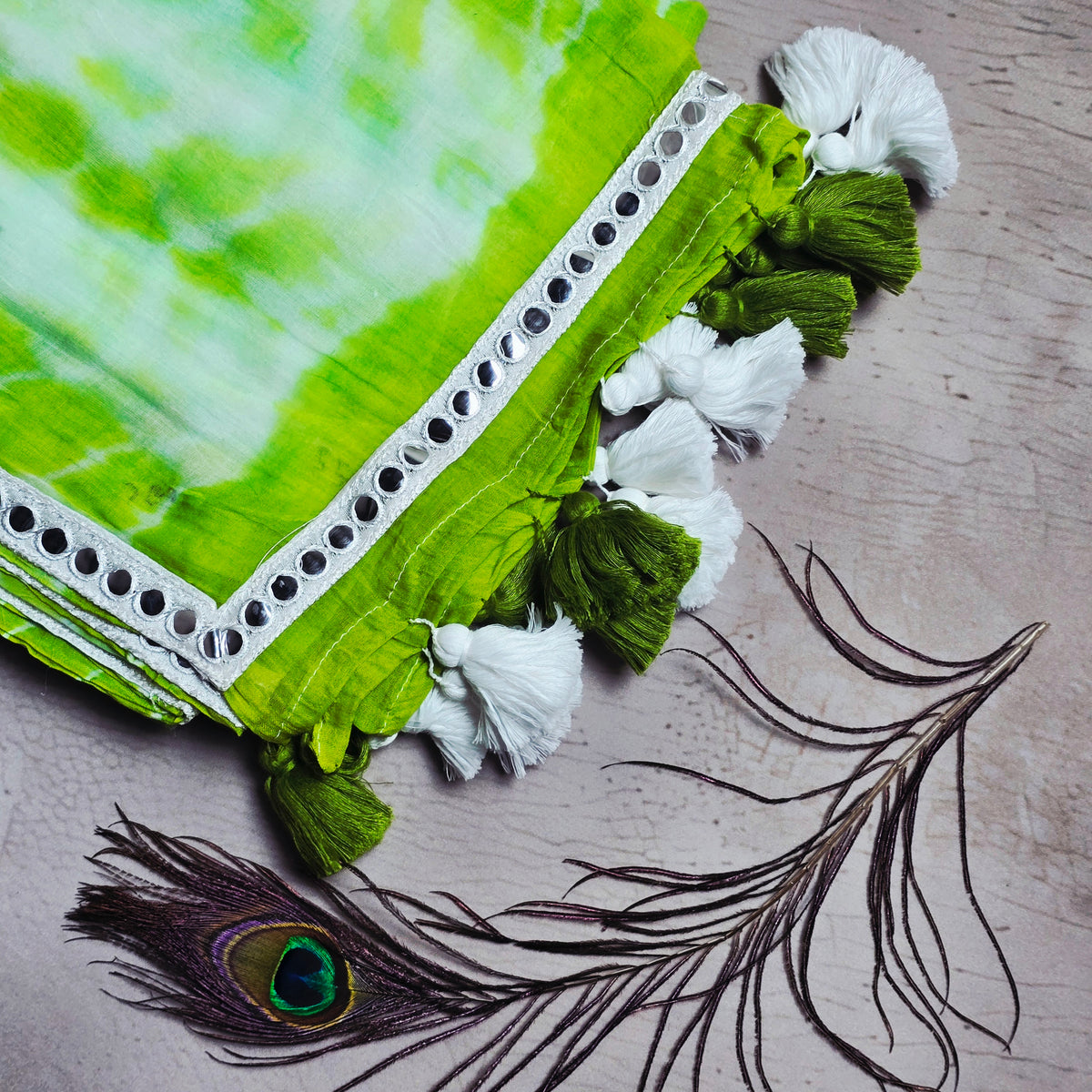 Lime Green Mul Cotton Saree with White Mirror Work Border & Green-White Tassels