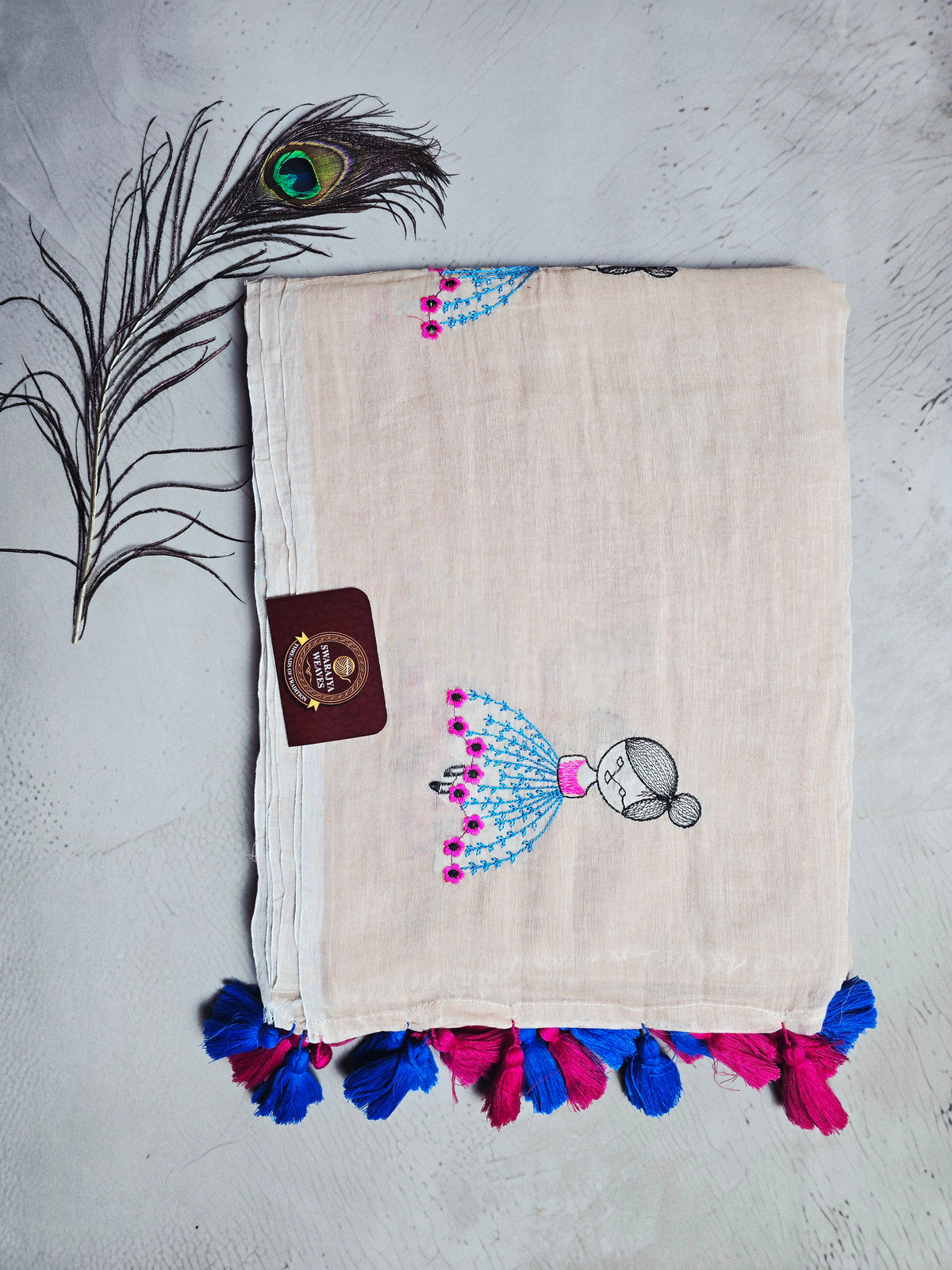Cream Mul Cotton Saree with Blue-Pink Floral Embroidery & Tassels