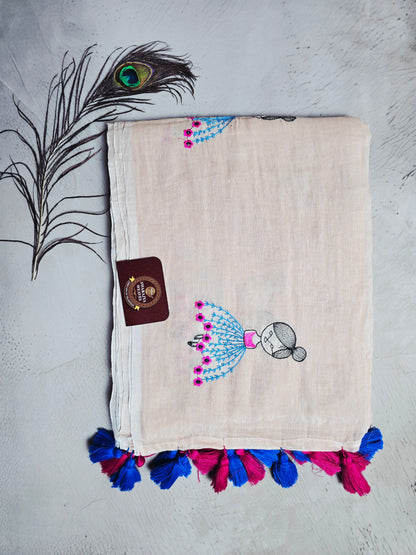 Cream Mul Cotton Saree with Blue-Pink Floral Embroidery & Tassels