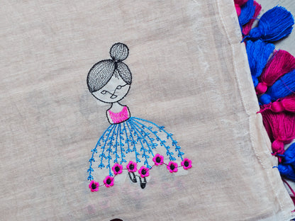 Cream Mul Cotton Saree with Blue-Pink Floral Embroidery & Tassels