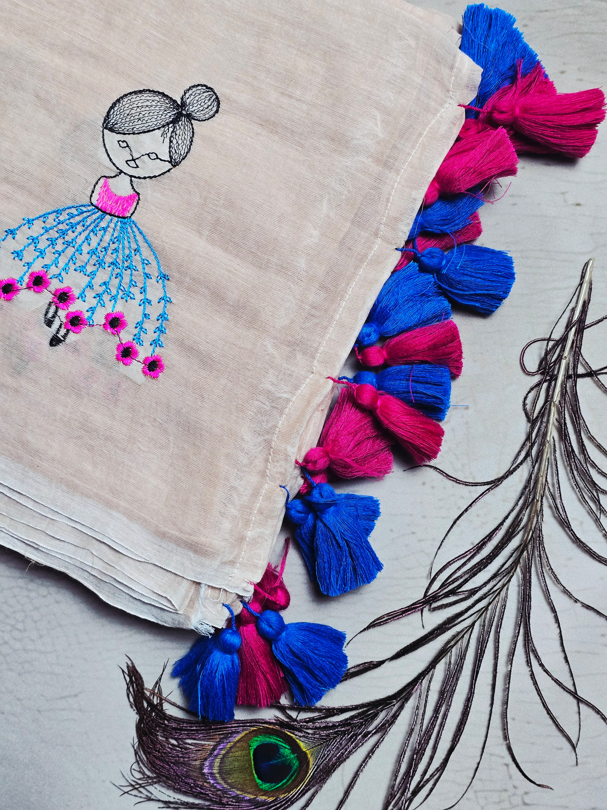 Cream Mul Cotton Saree with Blue-Pink Floral Embroidery & Tassels