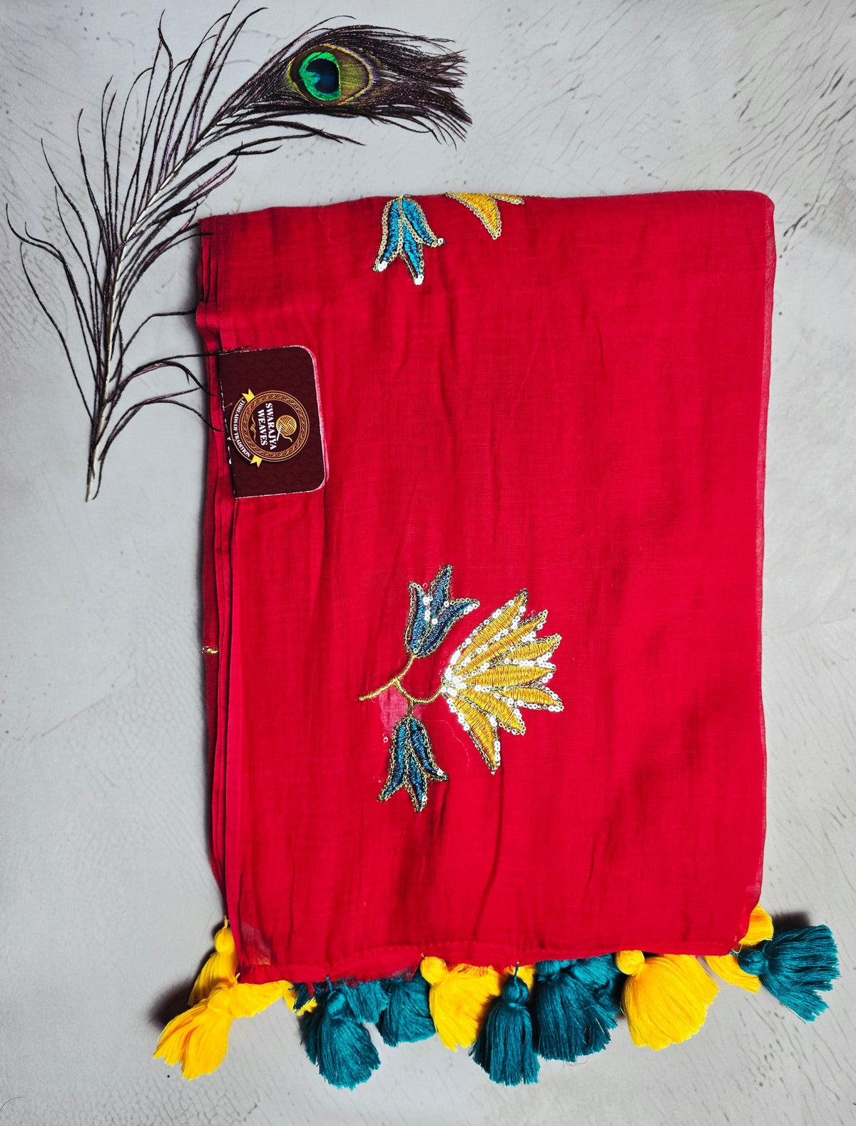 Red Mul Cotton Saree with Blue & Yellow Floral Embroidery & Tassels