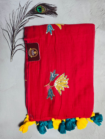 Red Mul Cotton Saree with Blue & Yellow Floral Embroidery & Tassels