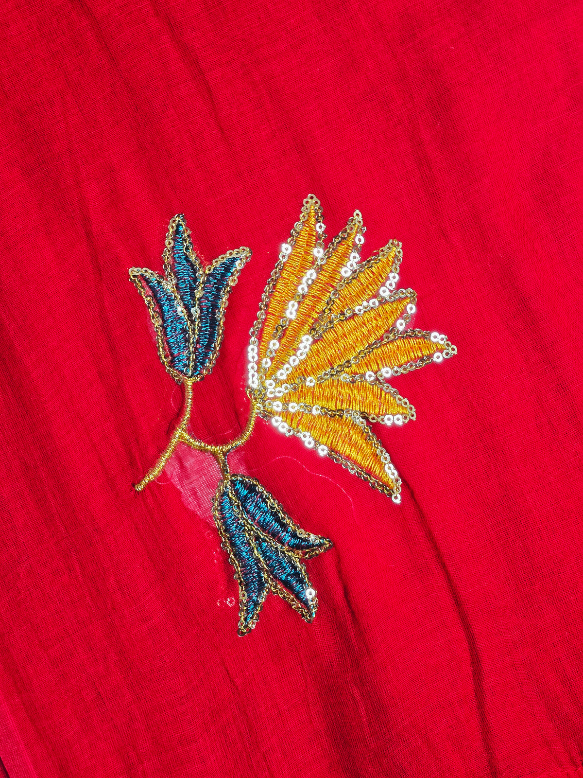 Red Mul Cotton Saree with Blue & Yellow Floral Embroidery & Tassels