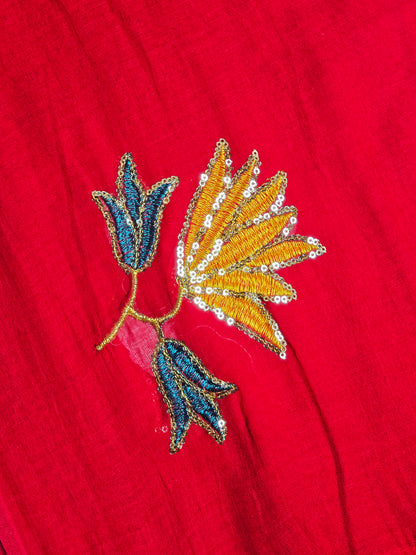 Red Mul Cotton Saree with Blue & Yellow Floral Embroidery & Tassels