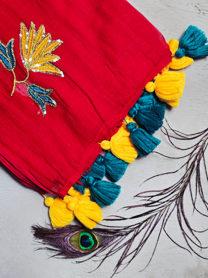 Red Mul Cotton Saree with Blue & Yellow Floral Embroidery & Tassels