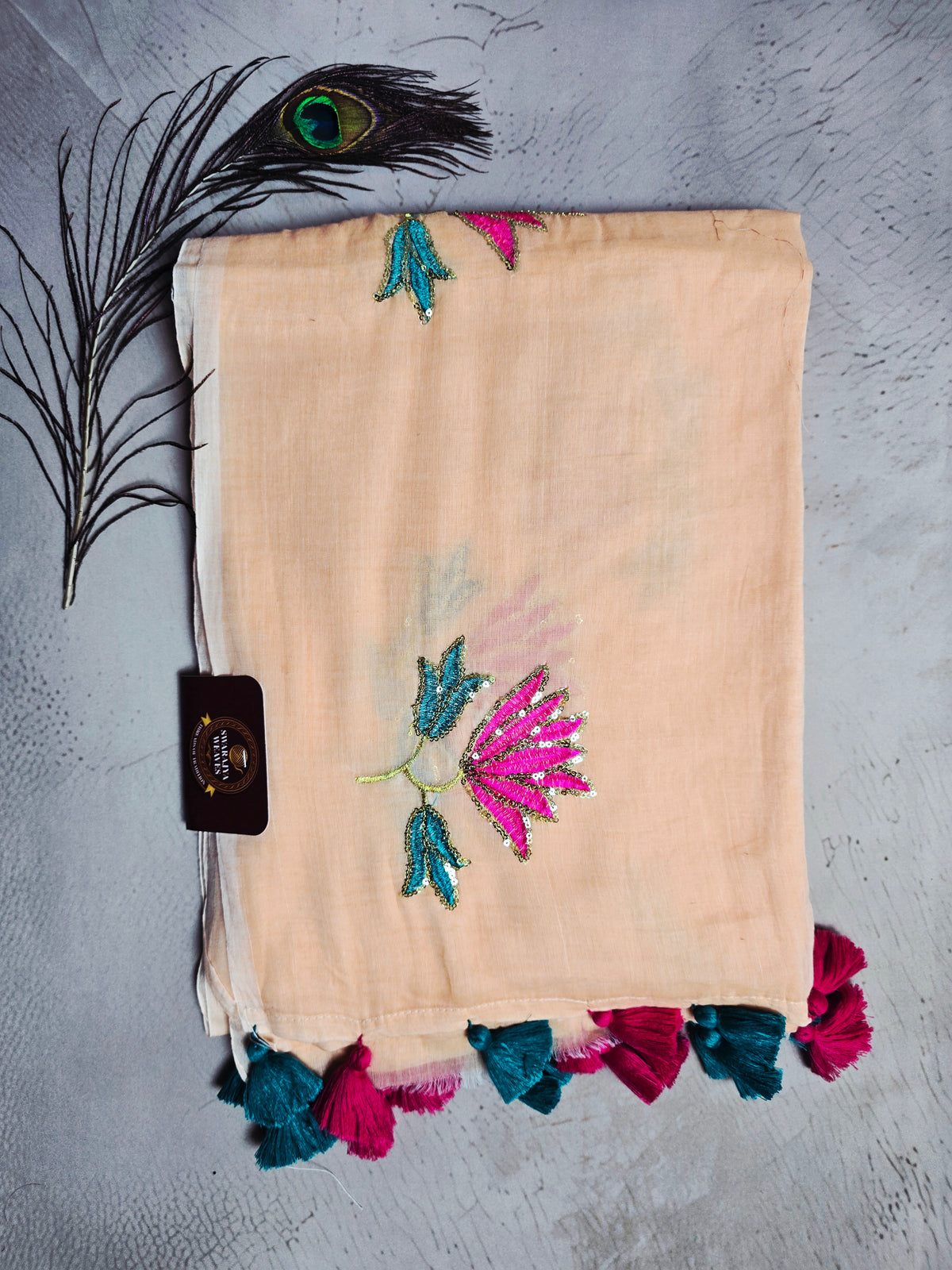 Peach Mul Cotton Saree with Pink & Teal Floral Embroidery & Tassels