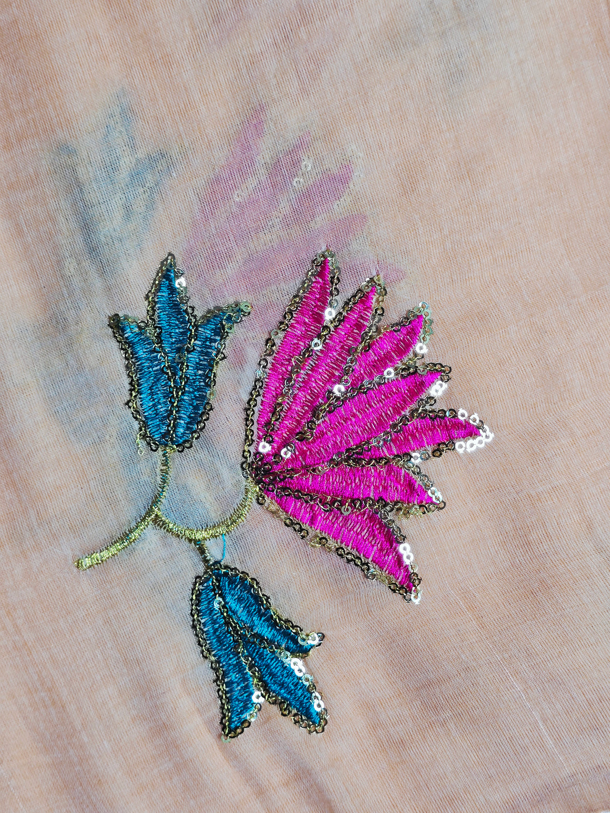 Peach Mul Cotton Saree with Pink & Teal Floral Embroidery & Tassels