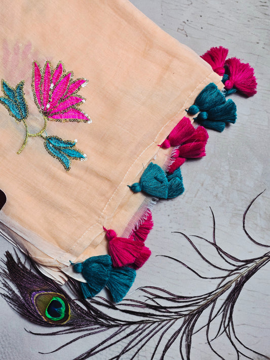 Peach Mul Cotton Saree with Pink & Teal Floral Embroidery & Tassels