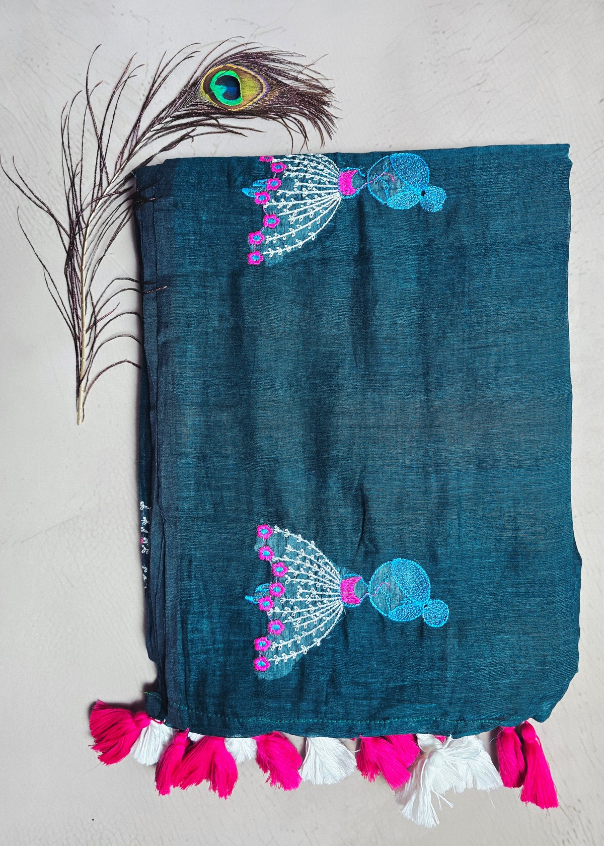 Teal Blue Mul Cotton Saree with Pink & White Floral Embroidery & Tassels