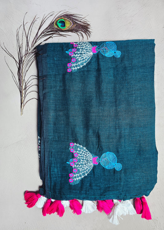 Teal Blue Mul Cotton Saree with Pink & White Floral Embroidery & Tassels
