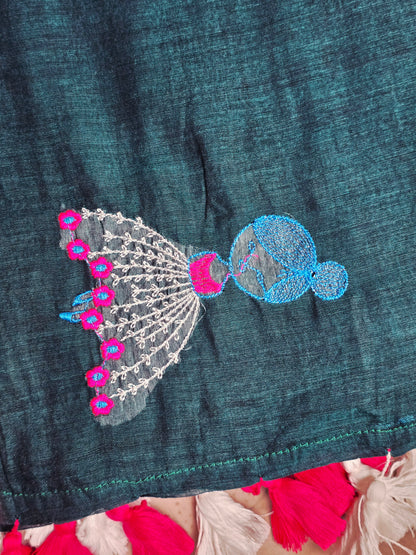 Teal Blue Mul Cotton Saree with Pink & White Floral Embroidery & Tassels