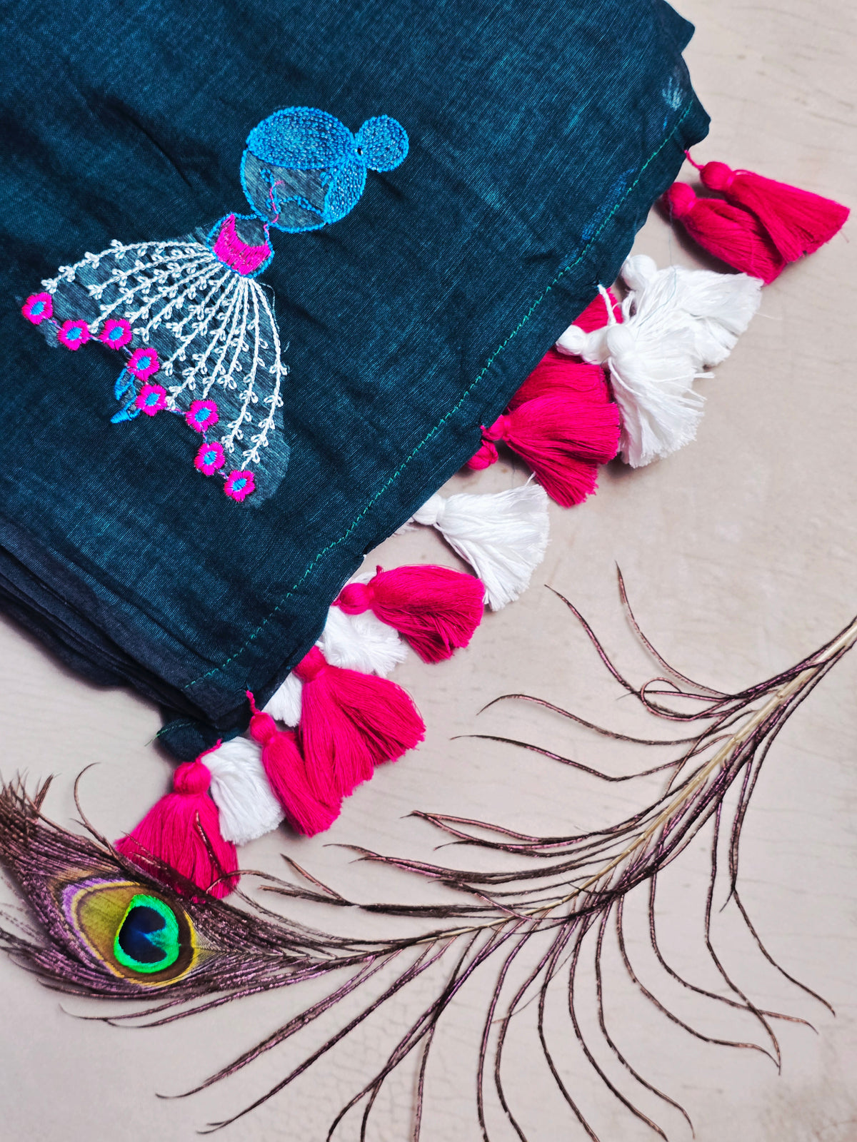 Teal Blue Mul Cotton Saree with Pink & White Floral Embroidery & Tassels