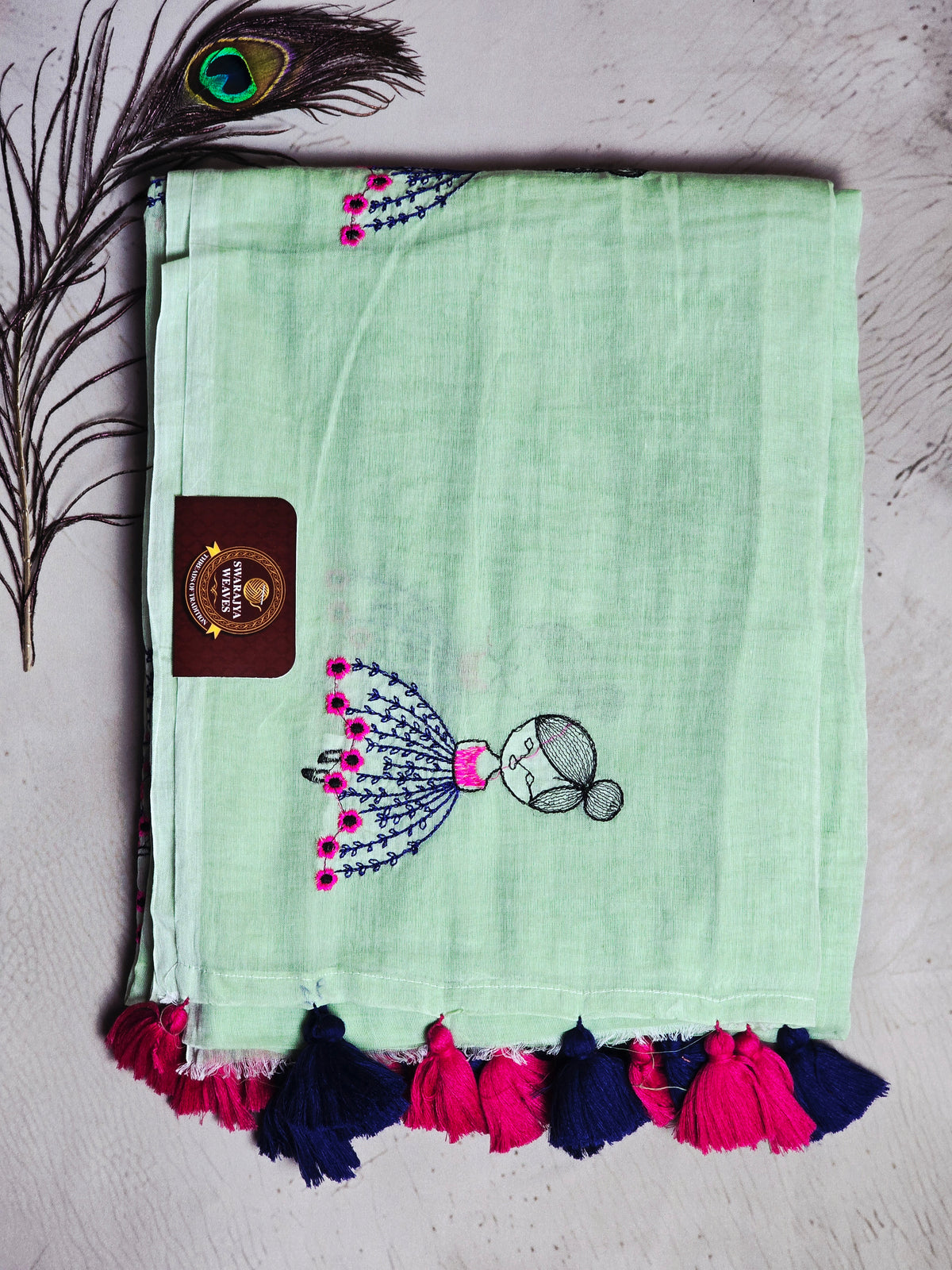 Mint Green Mul Cotton Saree with Pink & Navy Floral Embroidery & Tassels