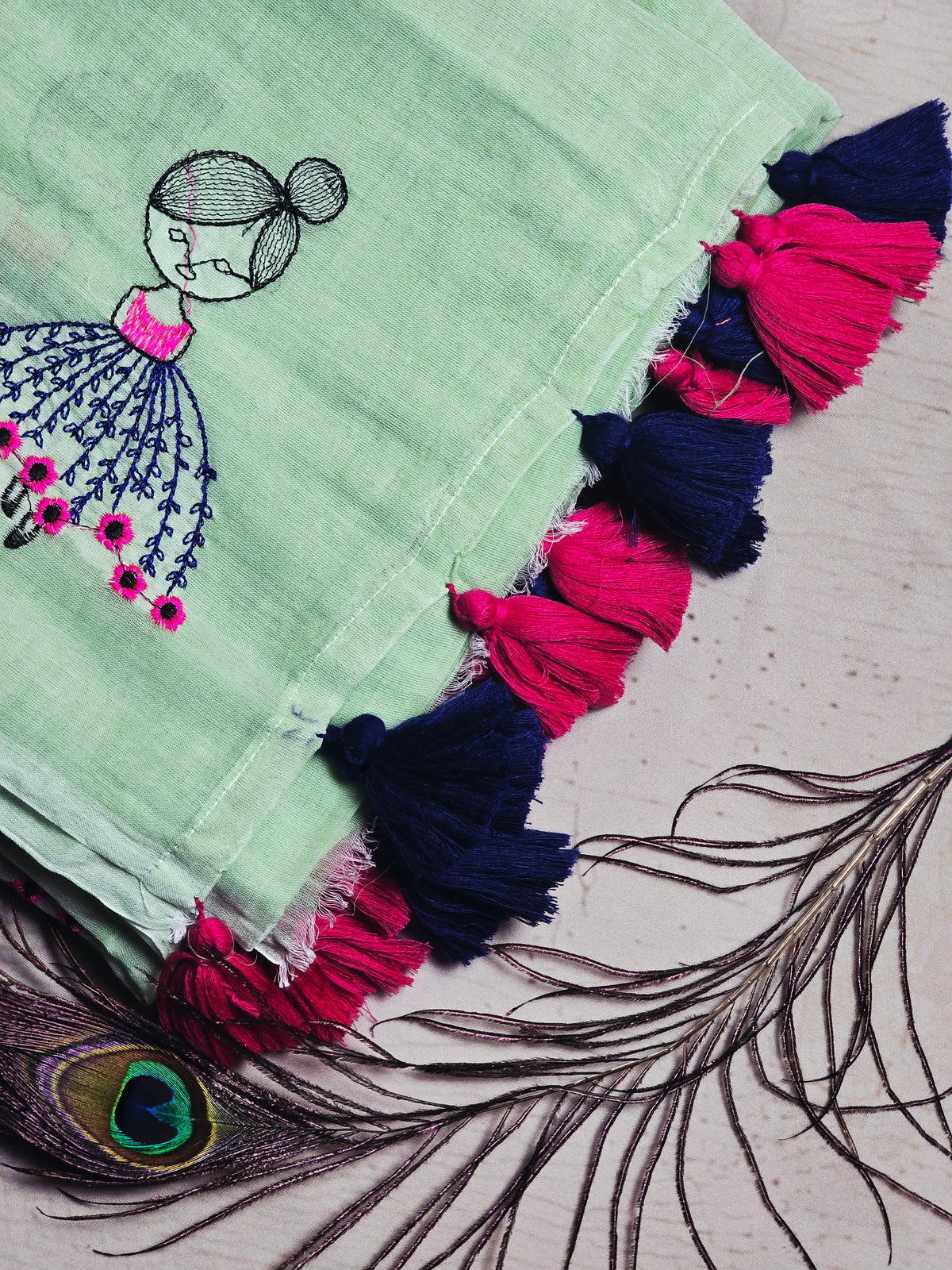 Mint Green Mul Cotton Saree with Pink & Navy Floral Embroidery & Tassels