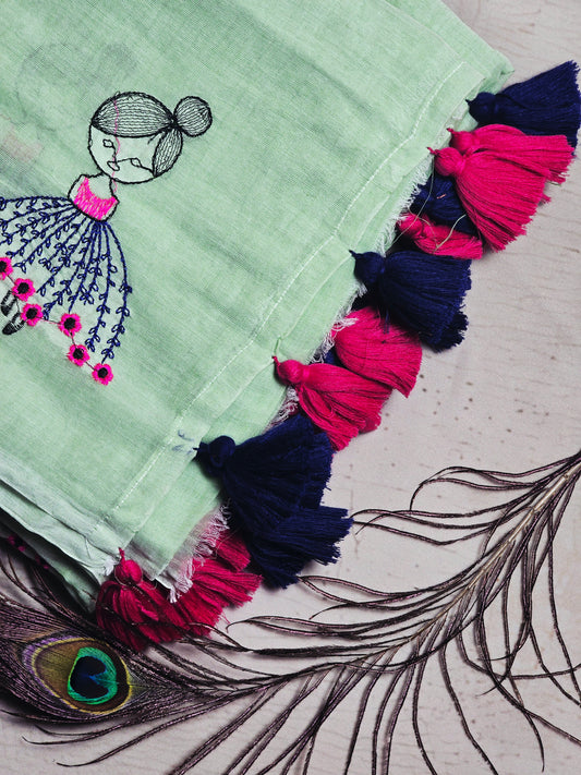 Mint Green Mul Cotton Saree with Pink & Navy Floral Embroidery & Tassels