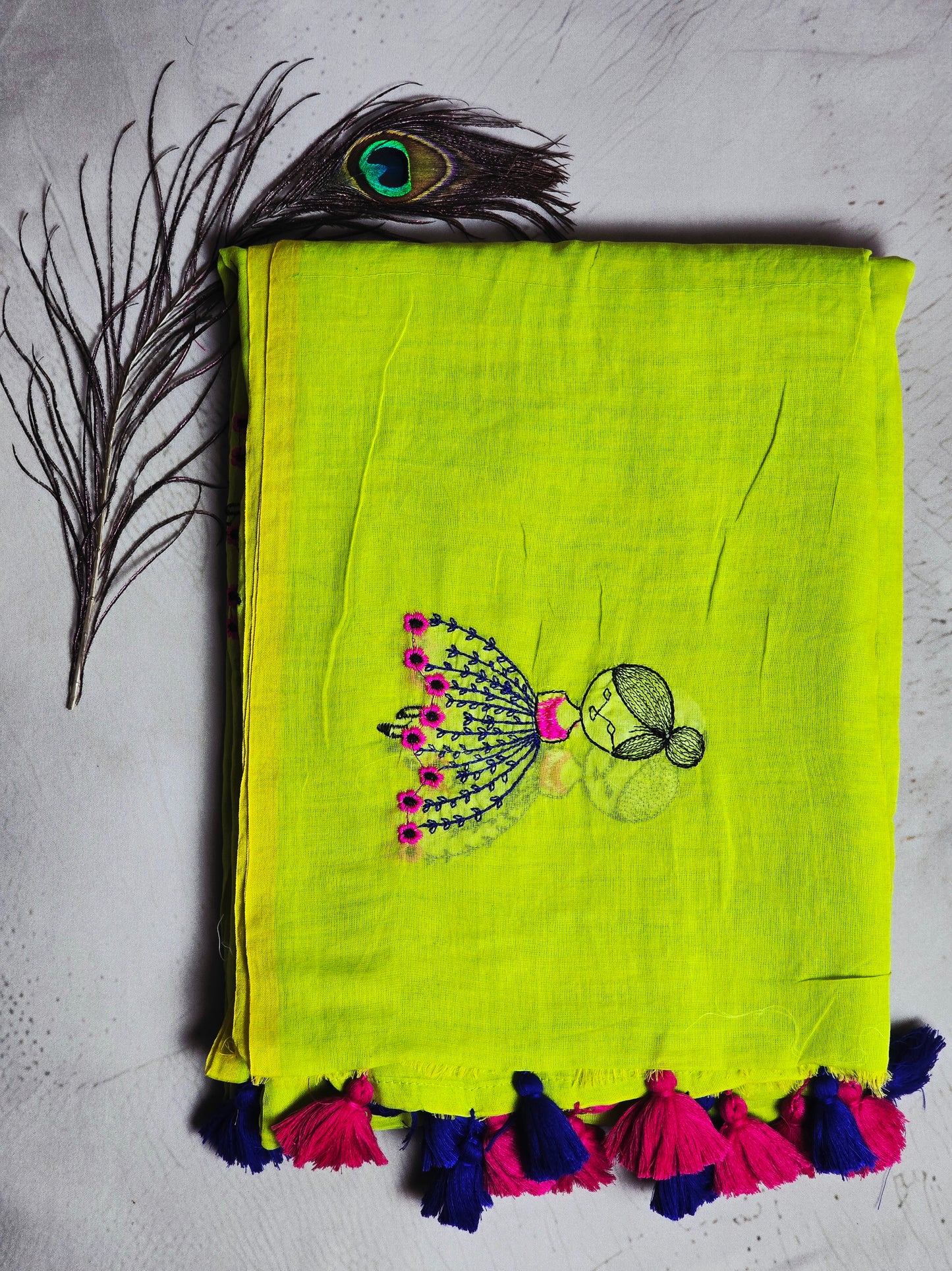 Lime Yellow Mul Cotton Saree with Pink & Navy Floral Embroidery & Tassels